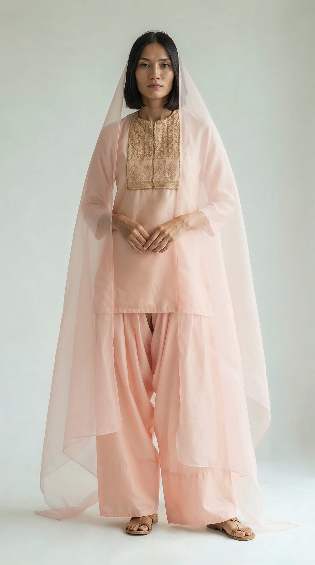Peach Chanderi Tunic with Gold Lattice Embroidery
