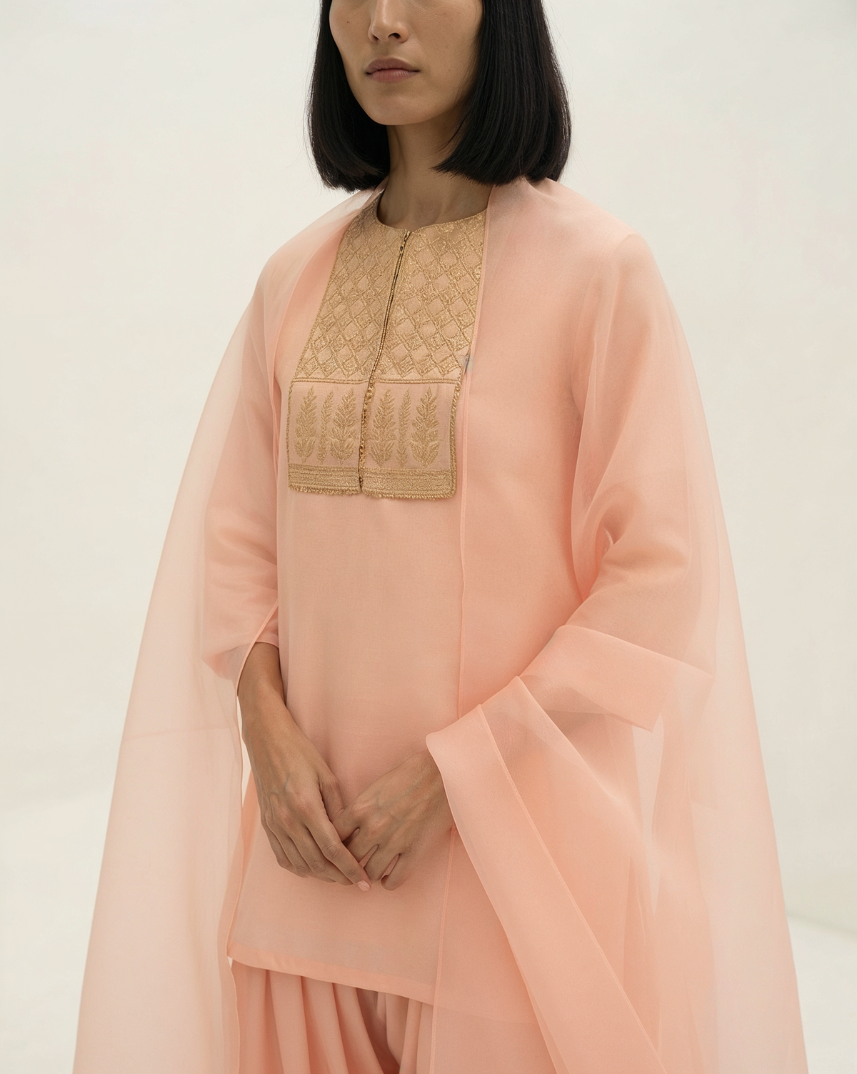 Peach Chanderi Tunic with Gold Lattice Embroidery