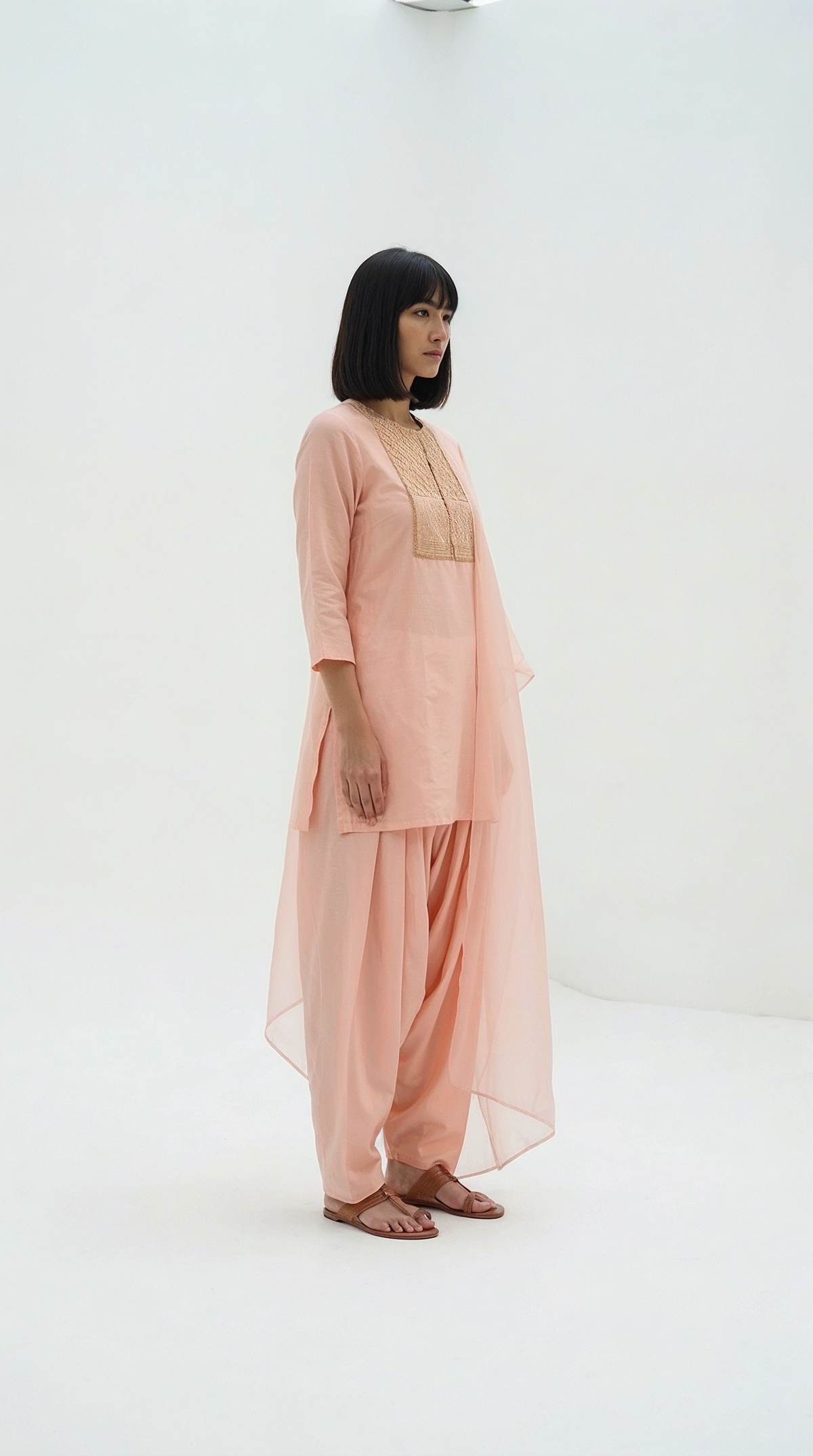 Peach Chanderi Tunic with Gold Lattice Embroidery