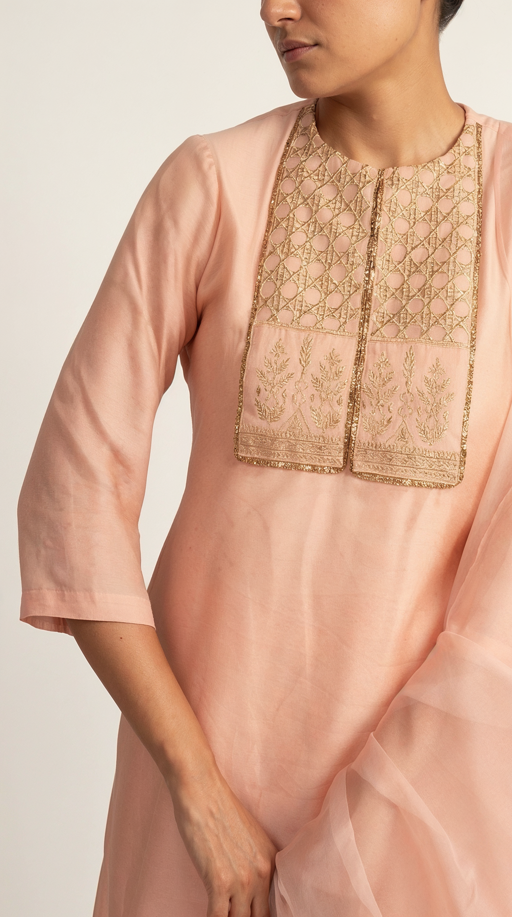 Peach Chanderi Tunic with Gold Lattice Embroidery