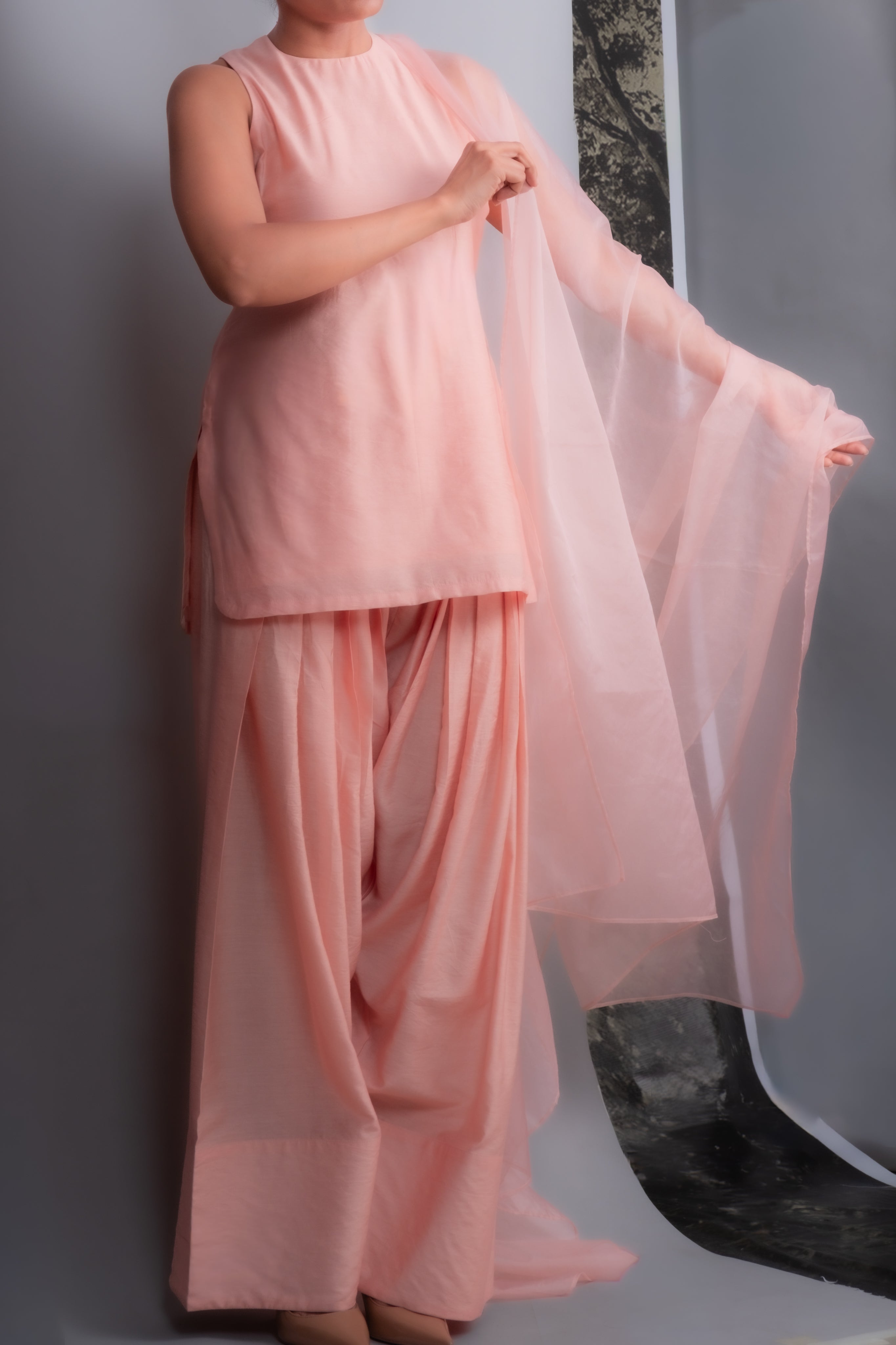 Peach Sleeveless In-Cut Kurta & Farshi Salwar Set-BENNCH