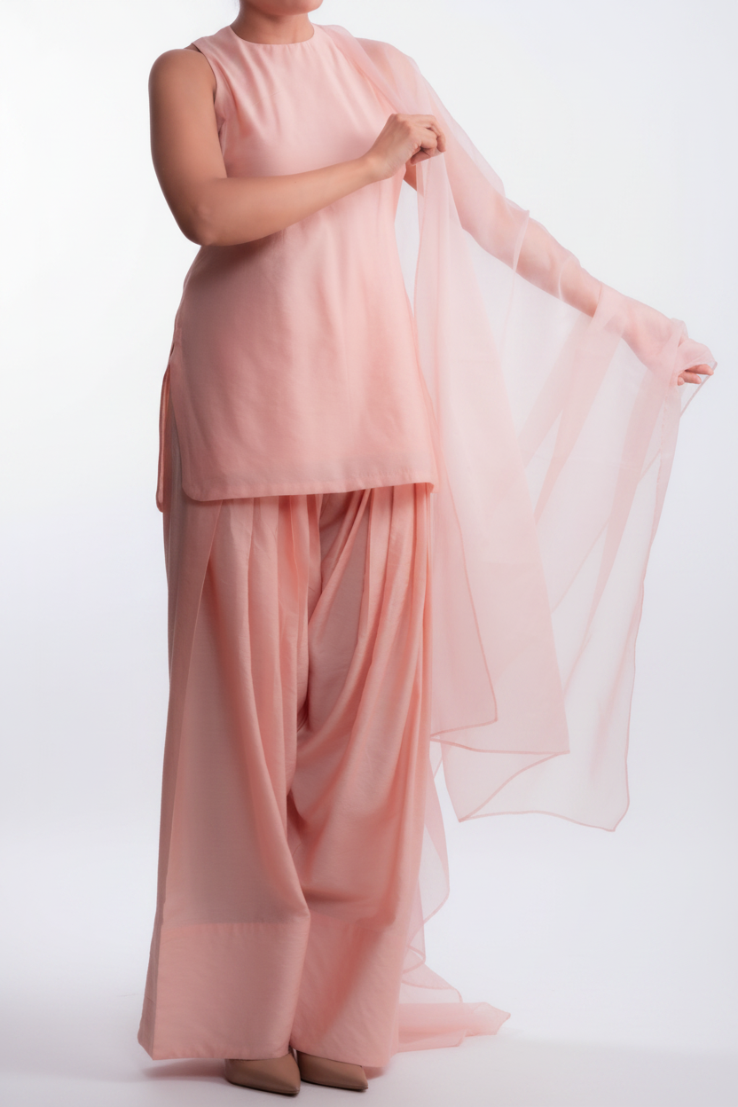 Peach Sleeveless In-Cut Kurta & Farshi Salwar Set