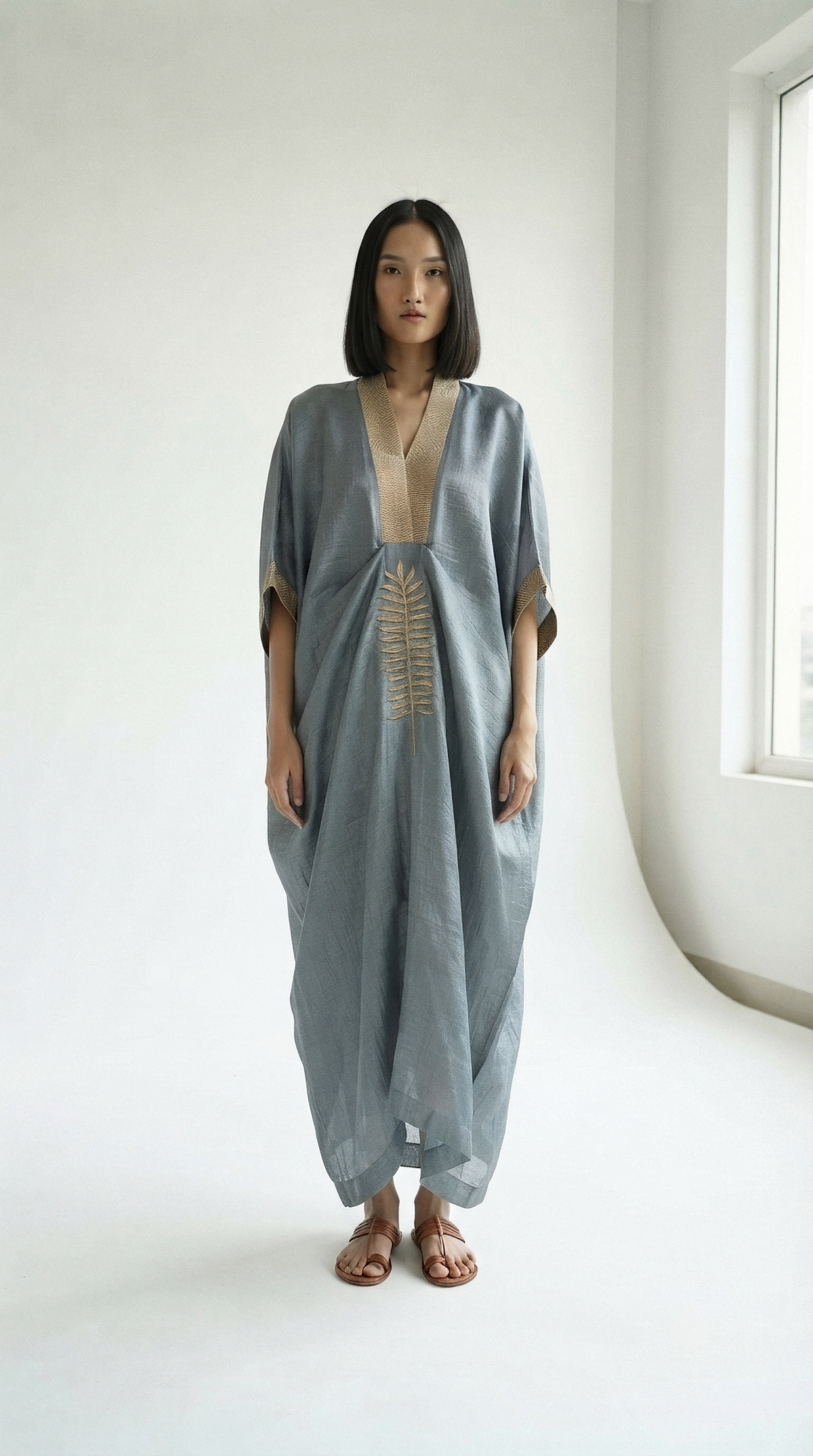 Silver Chanderi Kaftan with Gold Leaf Embroidery