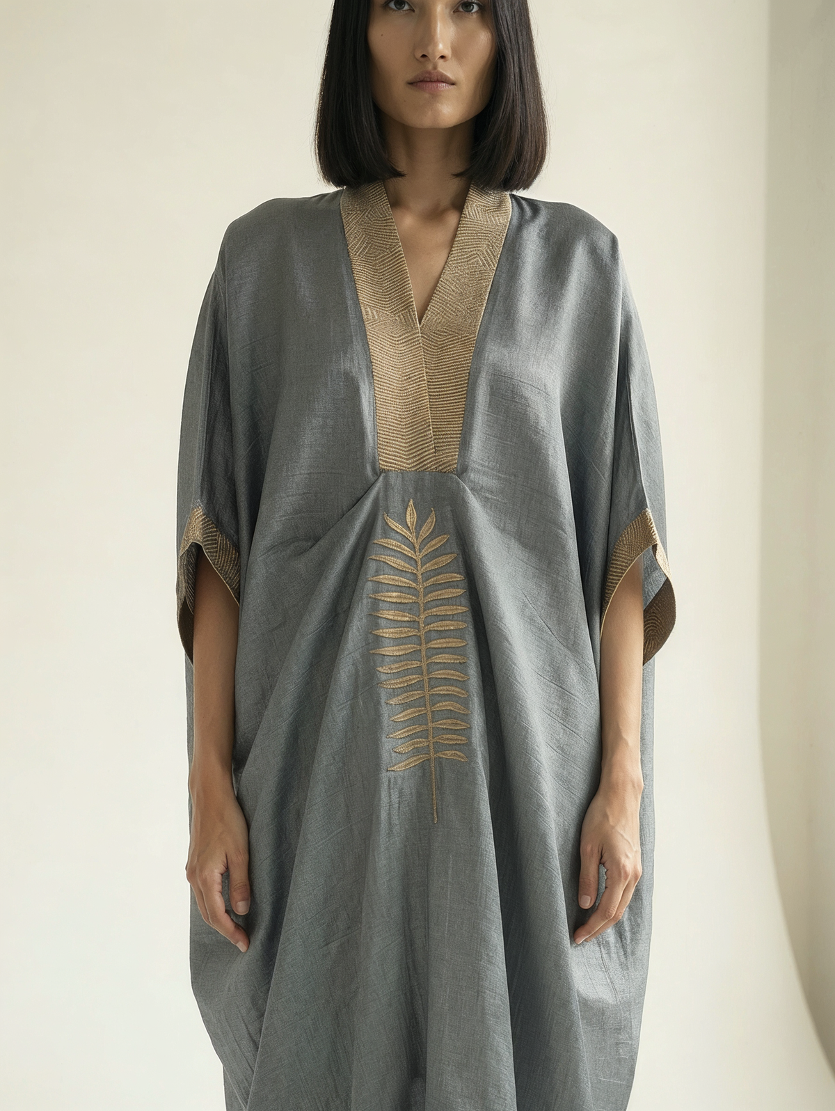 Silver Chanderi Kaftan with Gold Leaf Embroidery