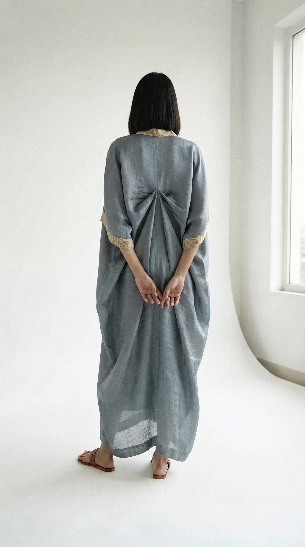 Silver Chanderi Kaftan with Gold Leaf Embroidery