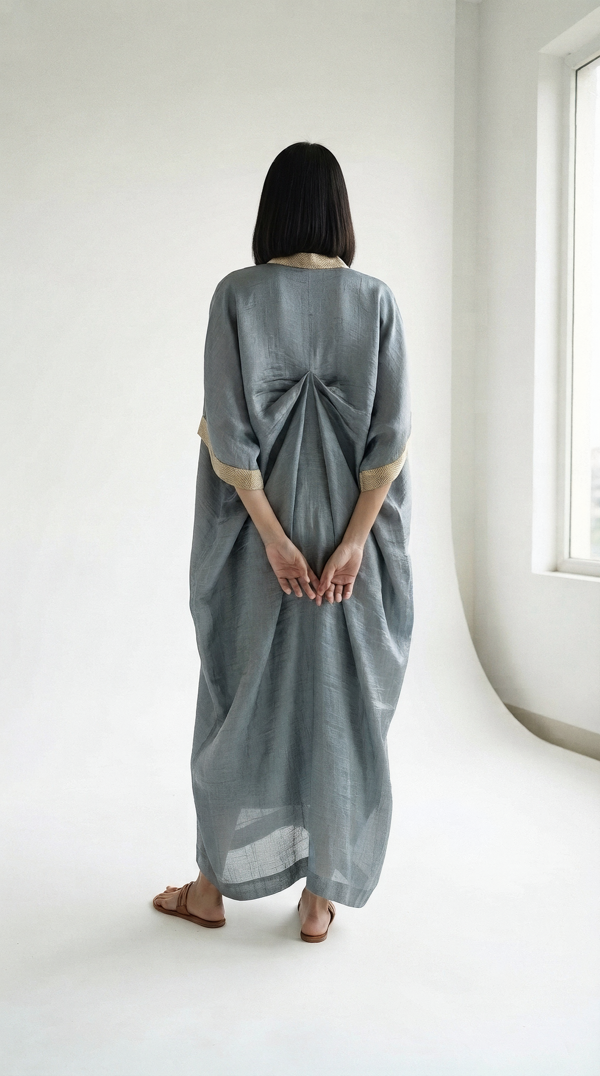 Silver Chanderi Kaftan with Gold Leaf Embroidery