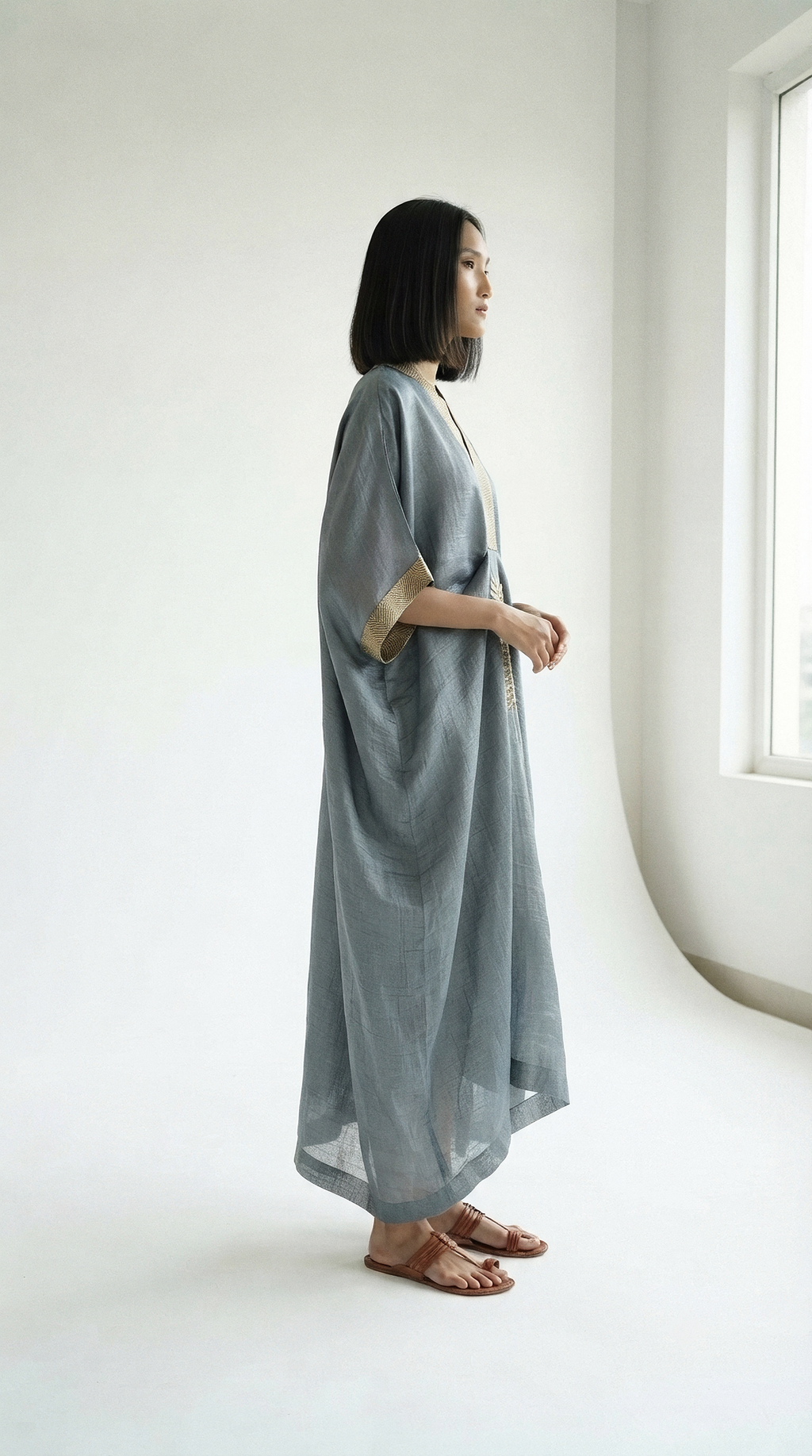Silver Chanderi Kaftan with Gold Leaf Embroidery
