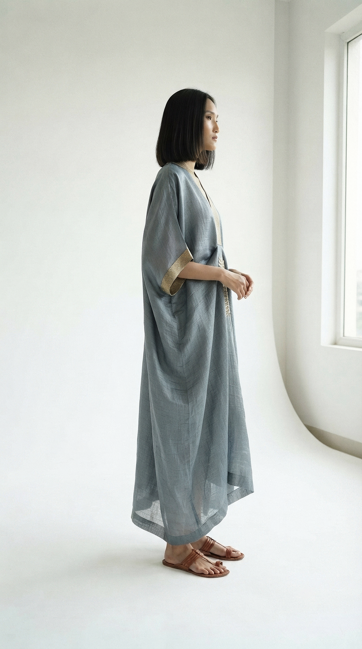 Silver Chanderi Kaftan with Gold Leaf Embroidery