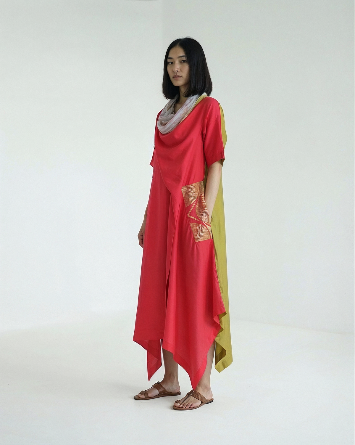 Vermilion & Chartreuse Chanderi Cowl Top