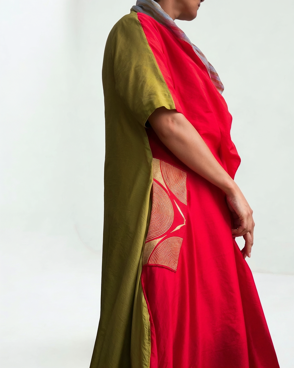 Vermilion & Chartreuse Chanderi Cowl Top