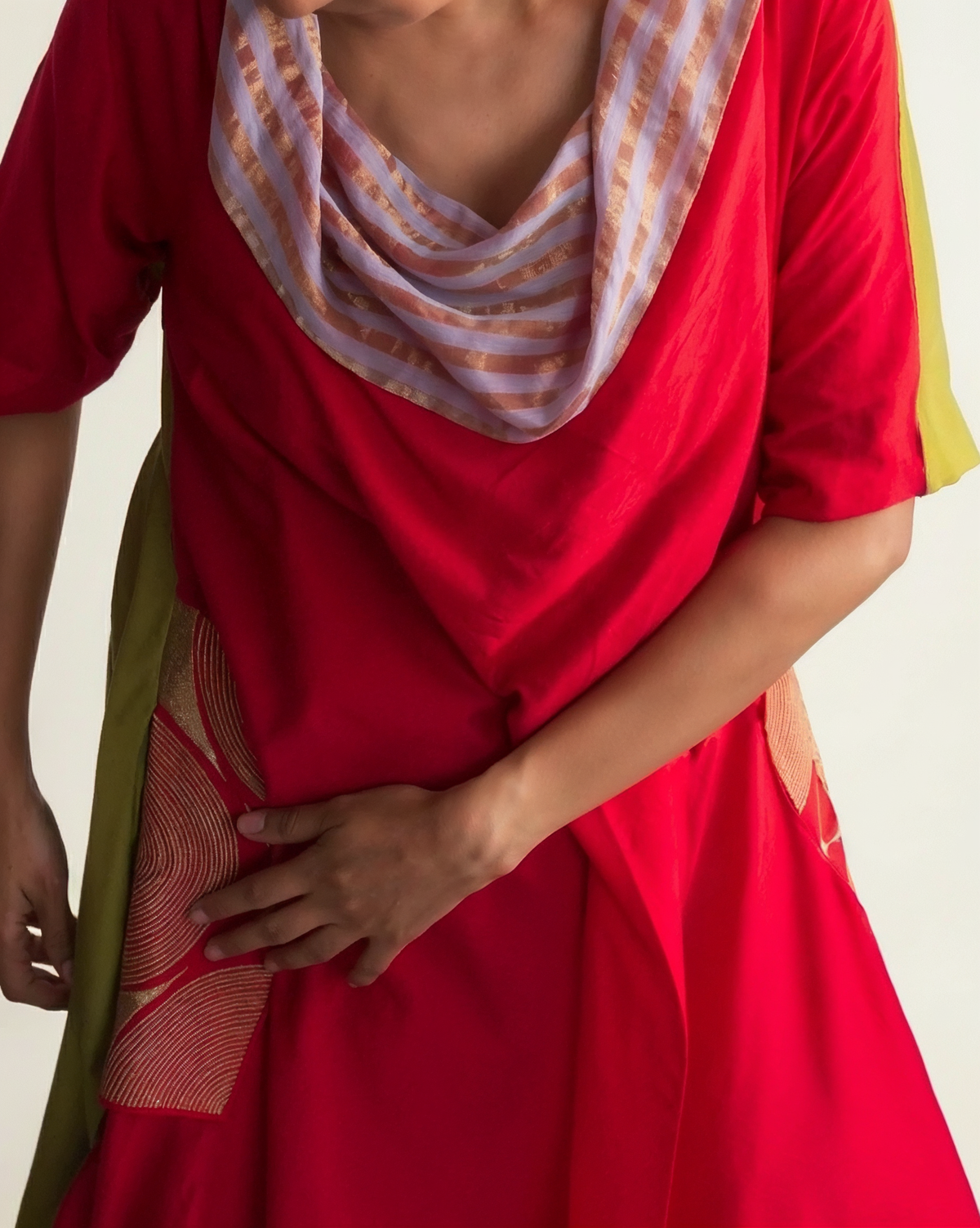Vermilion & Chartreuse Chanderi Cowl Top