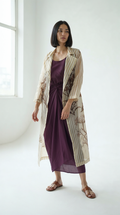 Wine Chanderi Dress & White Gold Botanical Trench Set