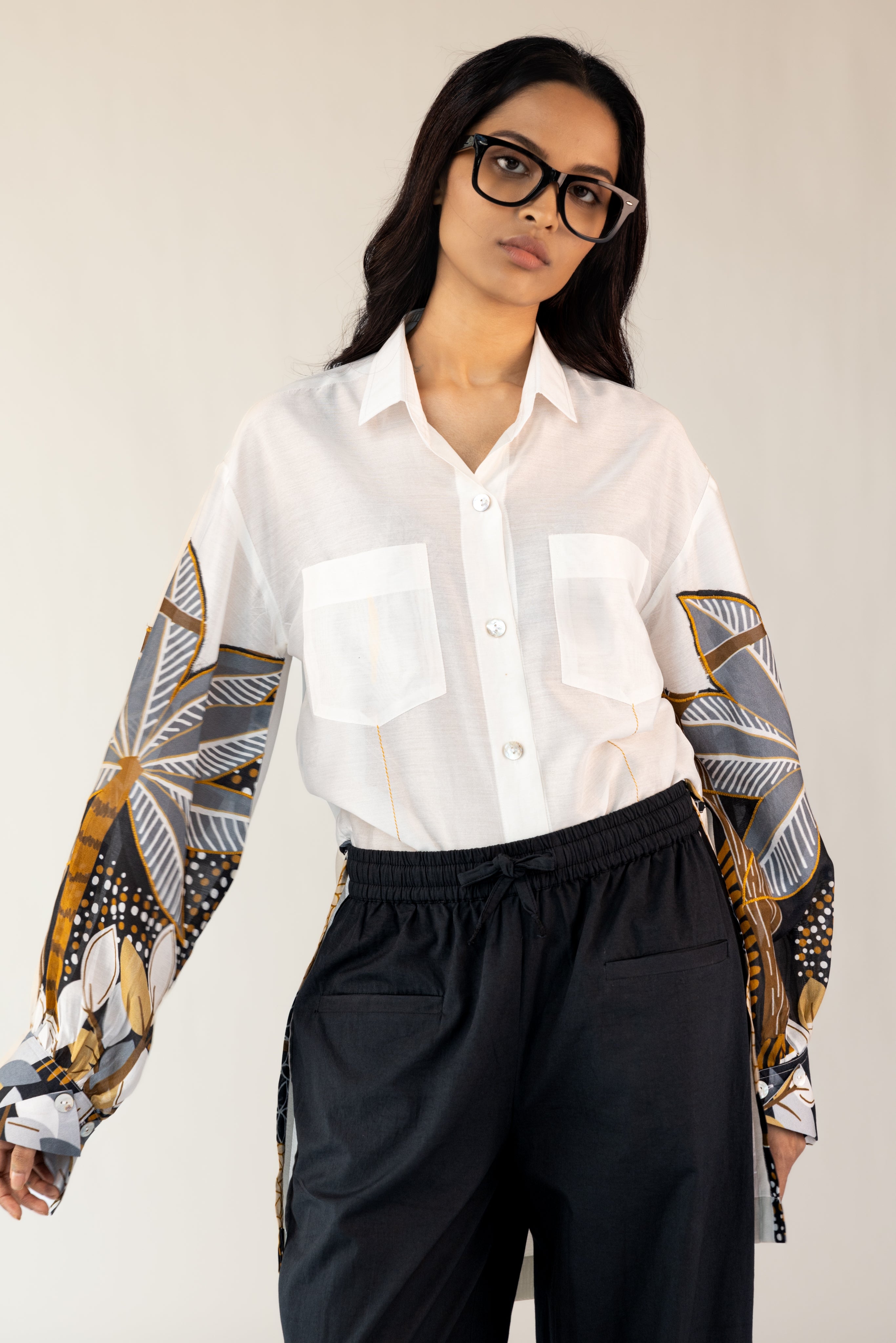 Patchwork Shirt Black Pants Set-BENNCH
