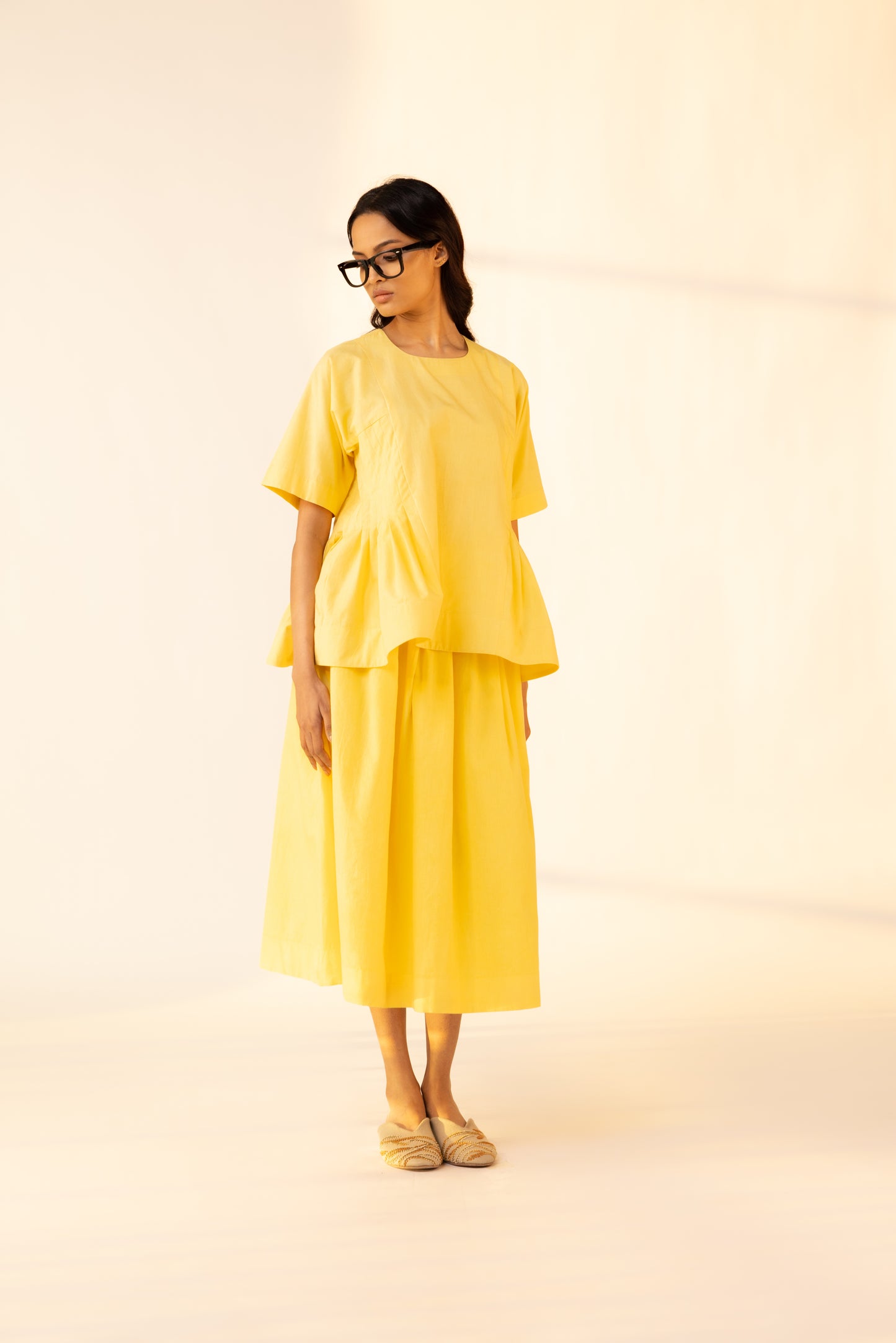 yellow cotton peplum top and skirt set