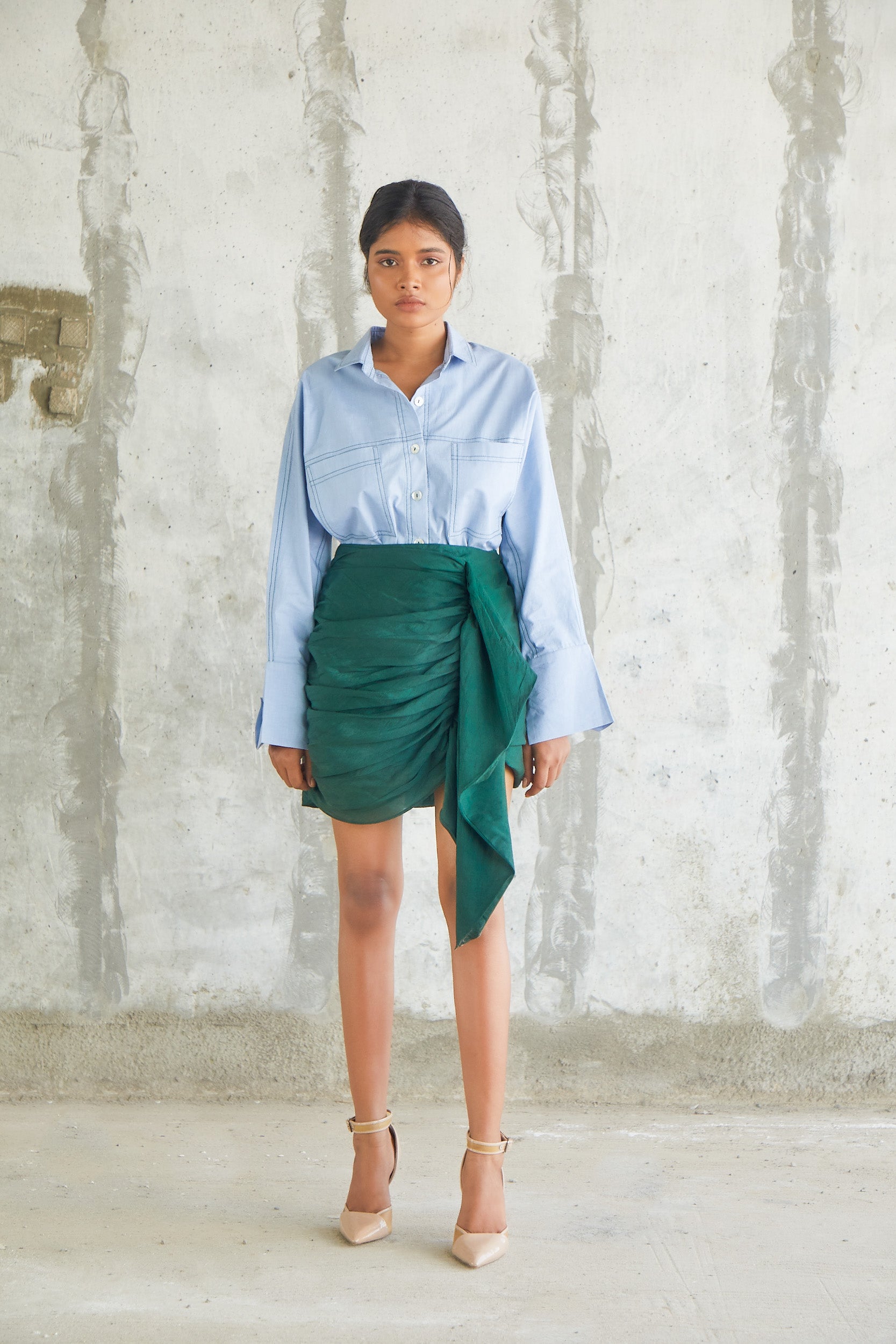 Linen skirt with gathered details - Woman | MANGO OUTLET India
